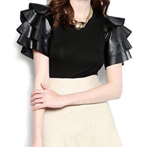 Gracia Faux Leather Tiered Elegant Black Ruffle Sleeve Pullover Women's L Top